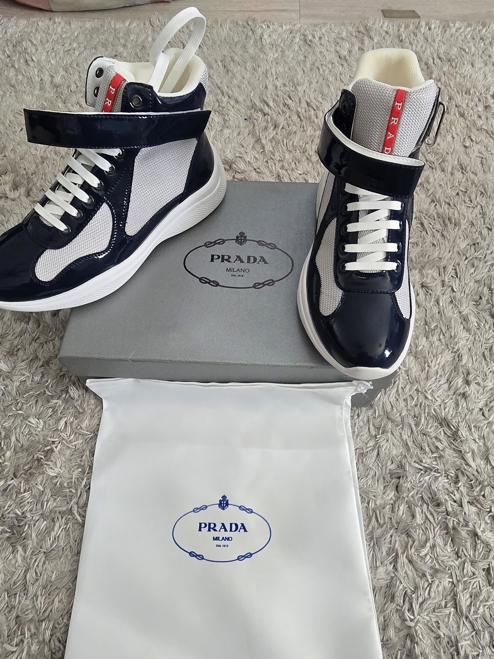 Prada Men’s Navy Patent and White Mesh High-Top Sneakers